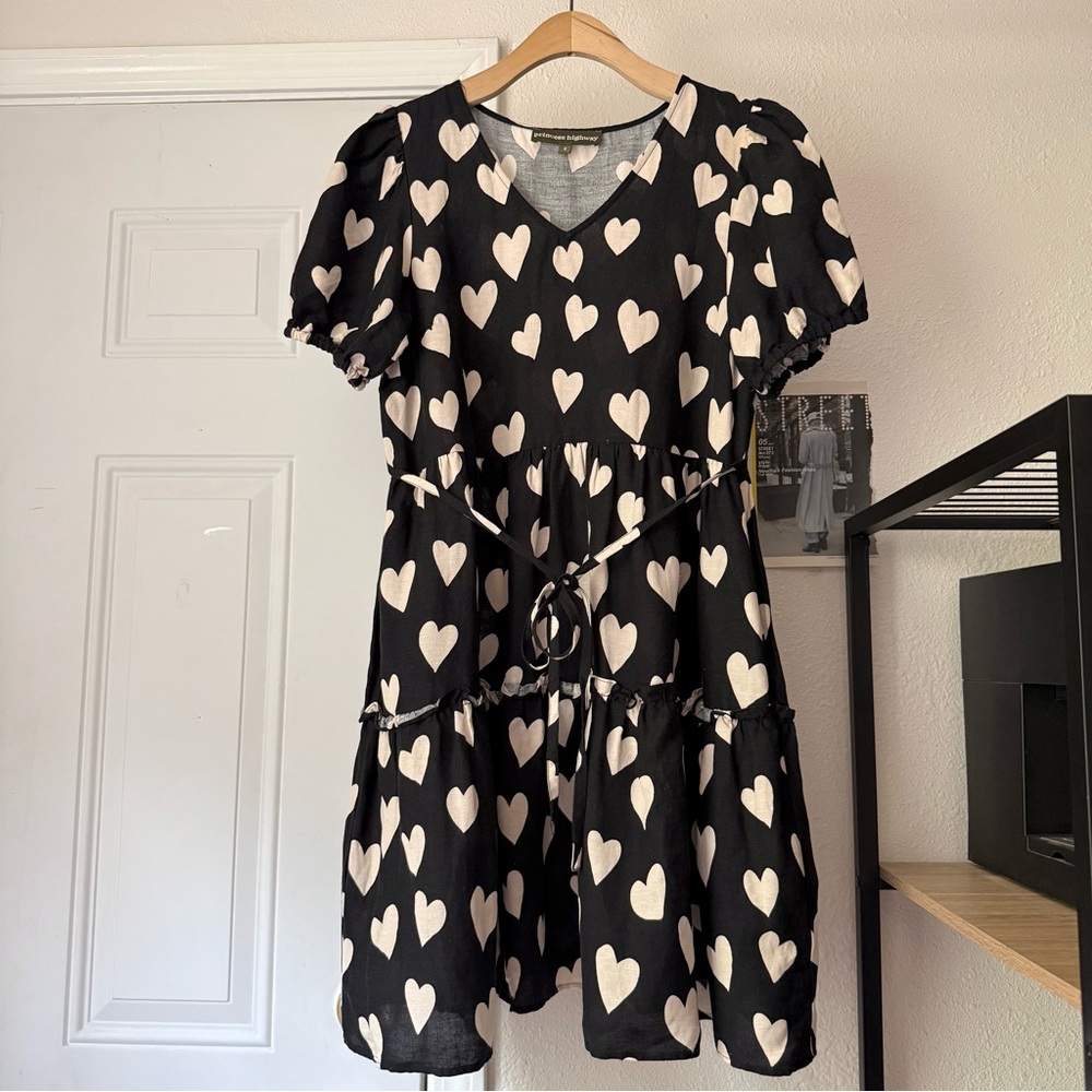PRINCESS HIGHWAY ModCloth black cream heart viscose linen v neck puff mini dress